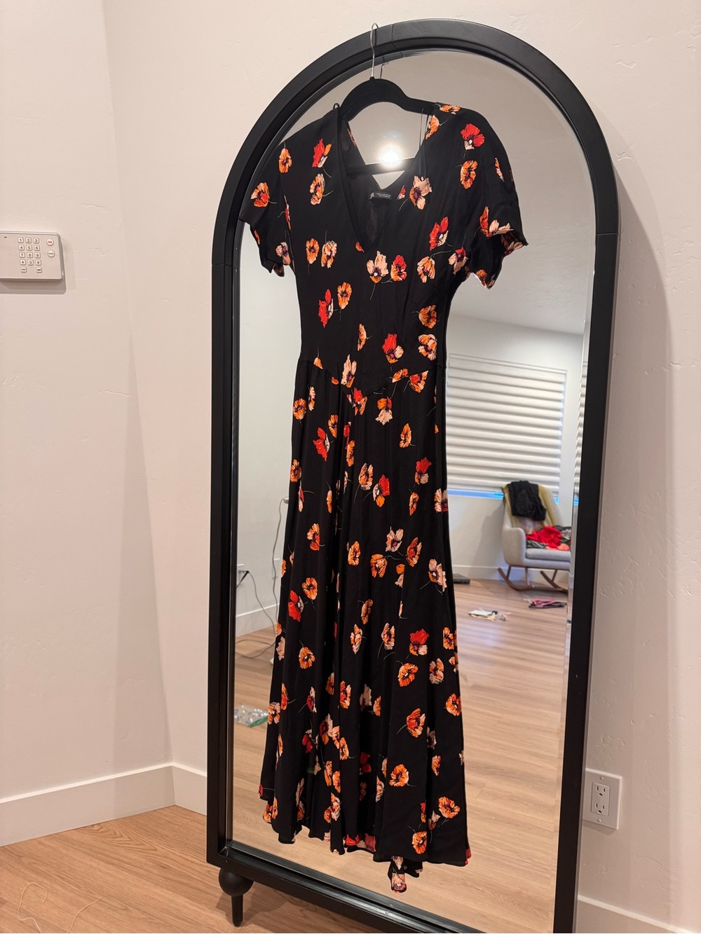 Zara Black Maxi Dress with Red & Orange Floral Print + sweater